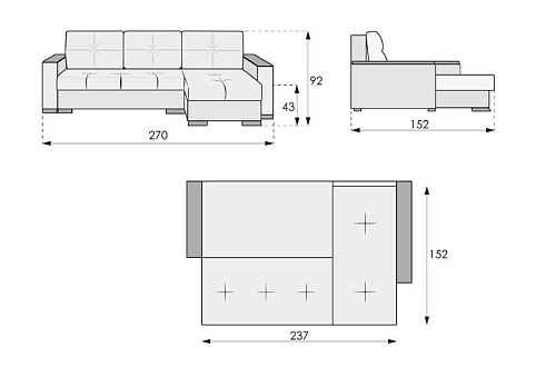 Николетти Люкс 2700 д.к.угл. без накладок, НПБ, еврокн (д*ш*в: 270*152*91,5,в.сид.: 43, сп.м.237*152